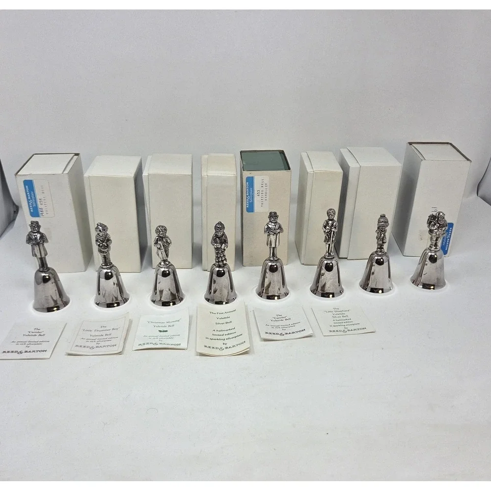 Reed & Barton Yuletide Bell Lot 8 Silverplate Christmas Figural Bells w/ Boxes